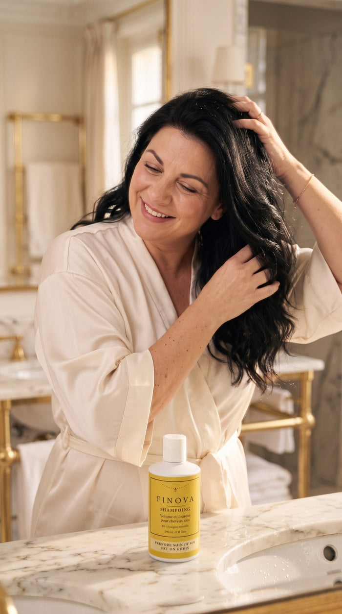 Femme avec le shampoing FINOVA - image illustrative